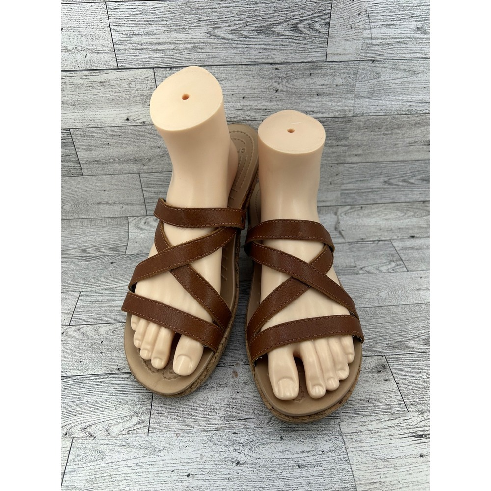 Crocs Leigh Wedge Sandals Women Sz‎ 10 Brown Strappy Cork Wrapped Slide Shoes